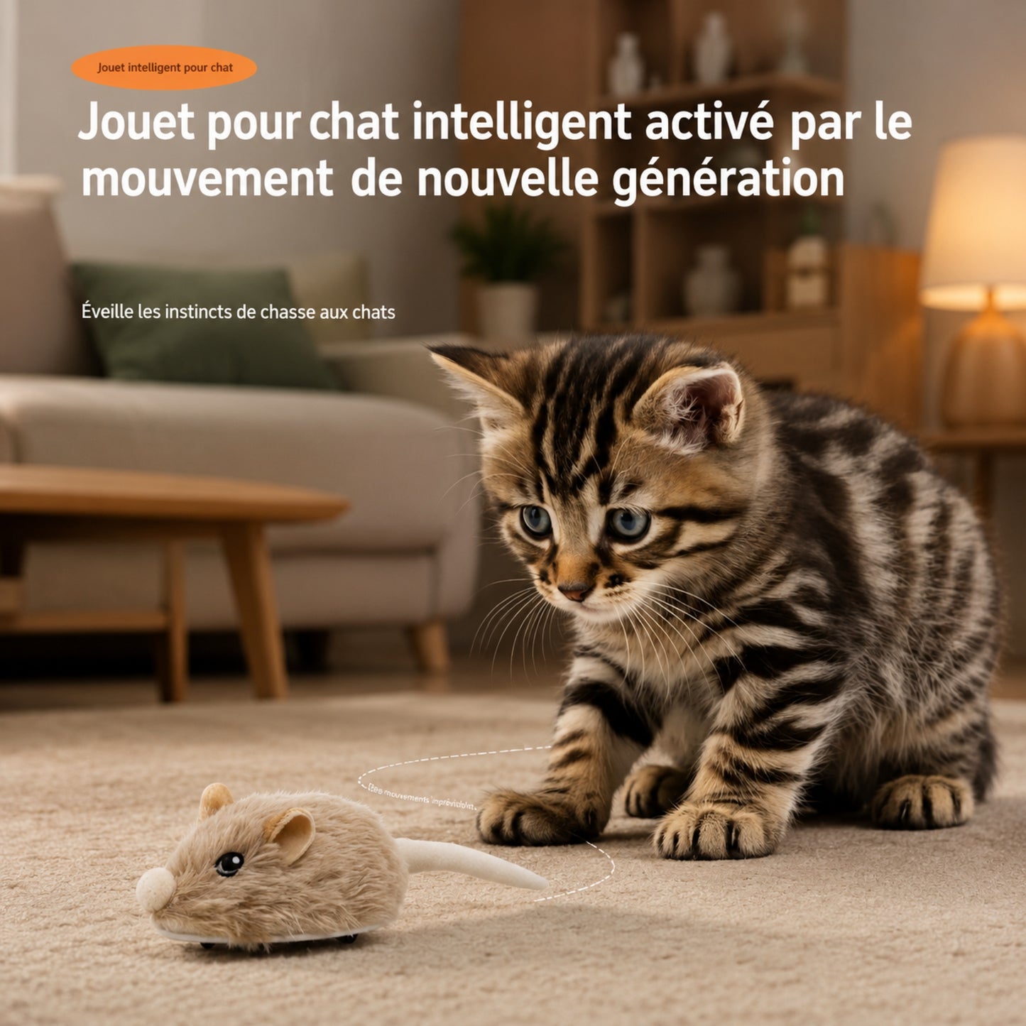 chat qui traque la souris motorisée souribot en mouvement