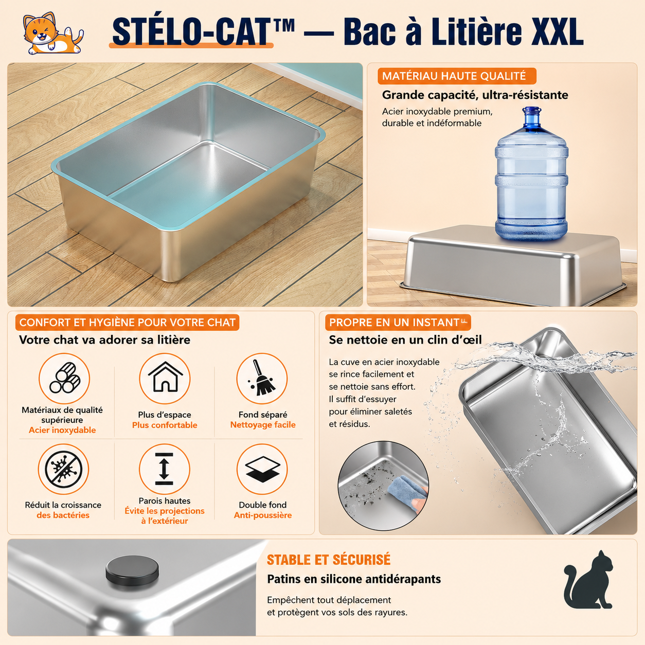 STÉLO-CAT™ bac à litière XXL - cuve en acier inoxydable et caractéristiques