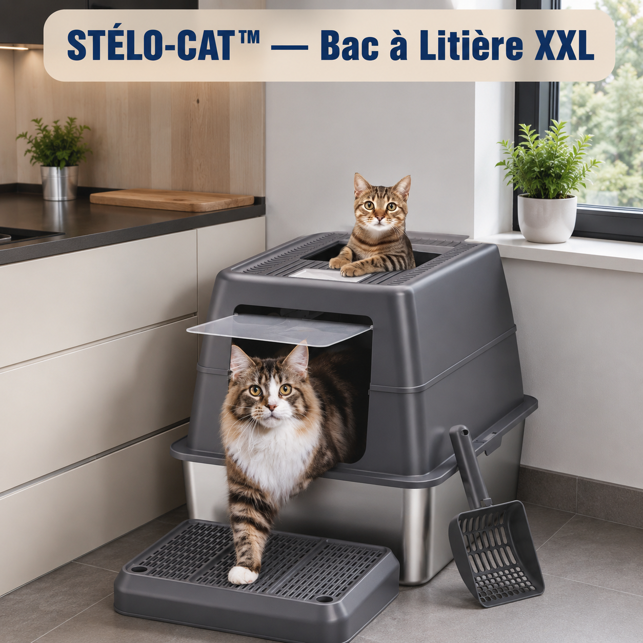 STÉLO-CAT™ bac à litière XXL avec chat Maine Coon - vue lifestyle