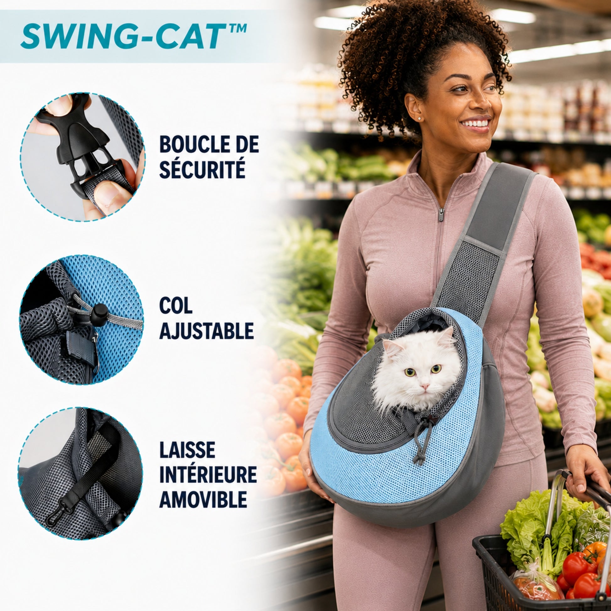 SWING-CAT™ — Détails col ajustable et fermeture sac bandoulière pour chat