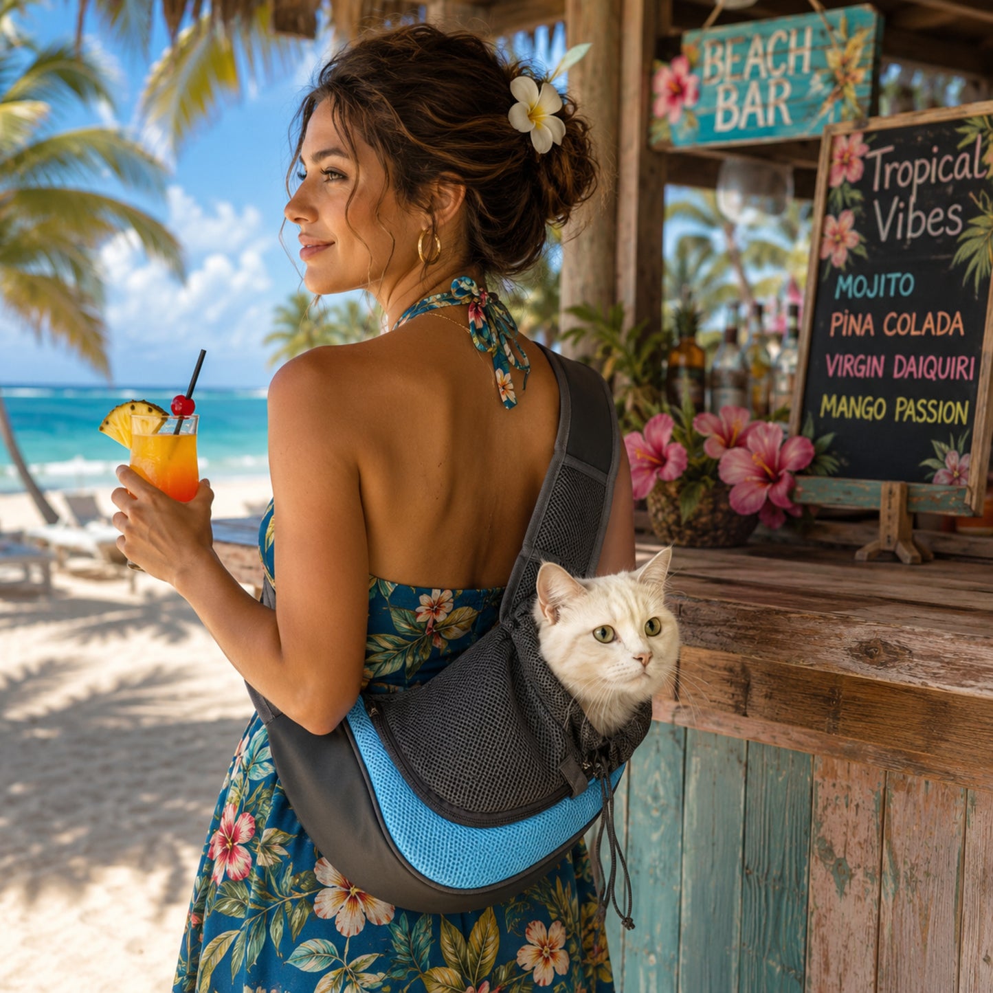 SWING-CAT™ — Femme en terrasse avec sac bandoulière bleu pour chat