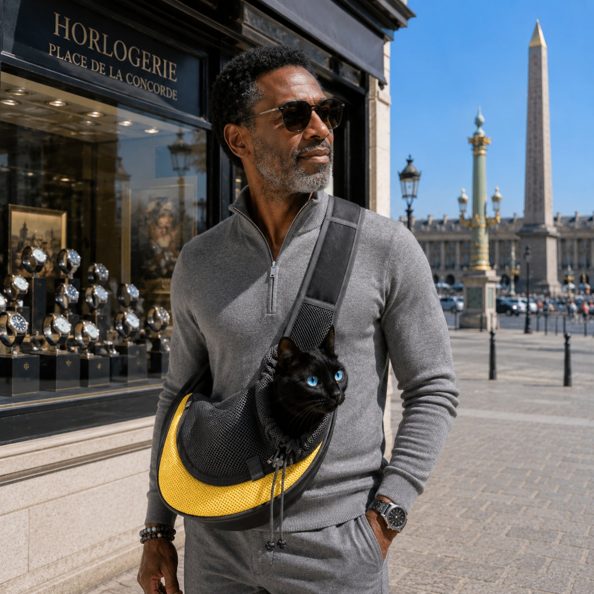 SWING-CAT™ — Homme en ville avec sac bandoulière gris pour chat