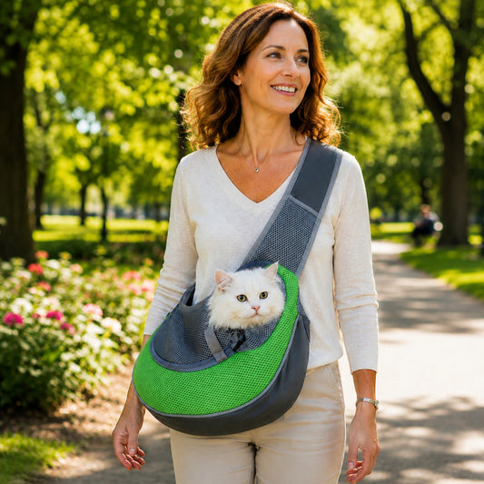 SWING-CAT™ — Femme en balade dans un parc avec sac bandoulière chat vert