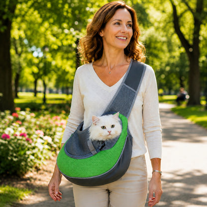 SWING-CAT™ — Femme en balade dans un parc avec sac bandoulière chat vert