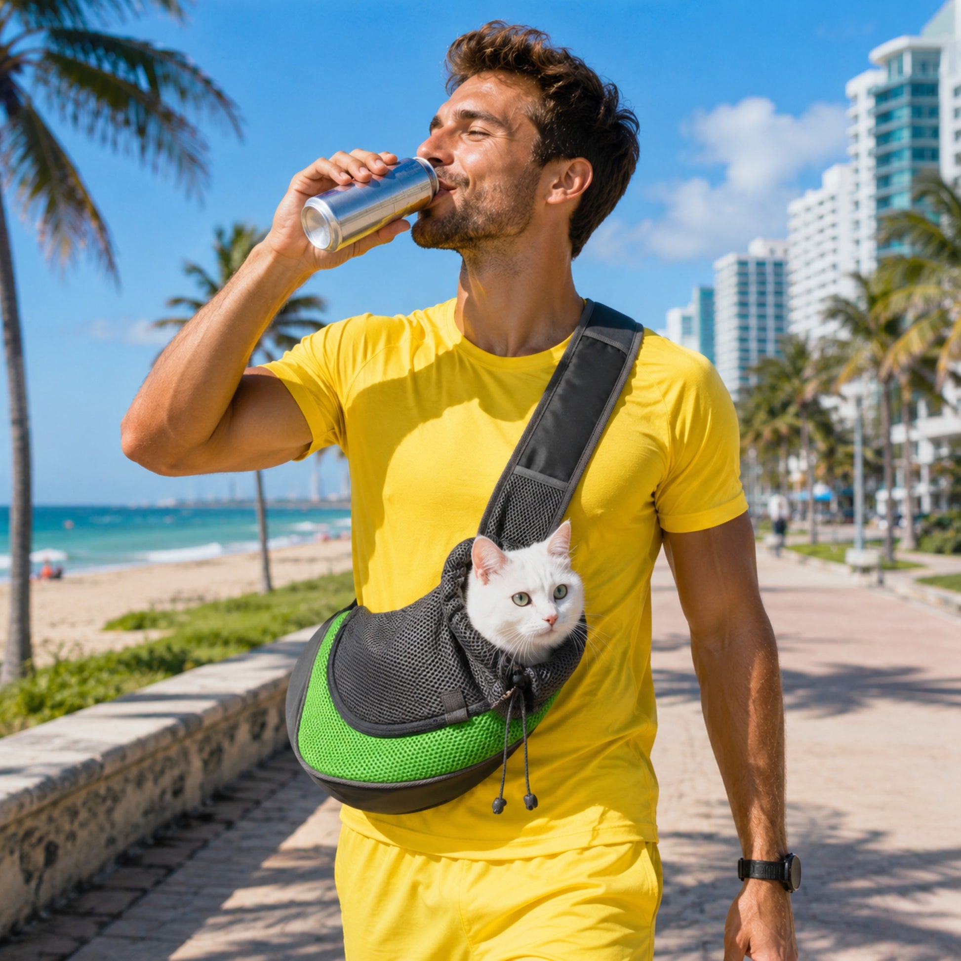 SWING-CAT™ — Homme à la plage avec sac bandoulière vert pour chat