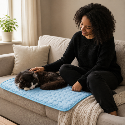 femme qui caresse son chat qui est sur le tapis rafraichissant