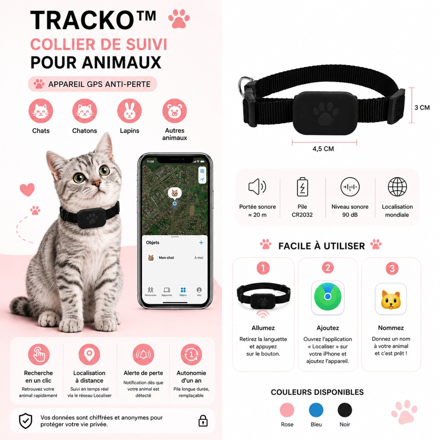 TRACKO™ — Collier suivi animaux facile à utiliser coloris disponibles