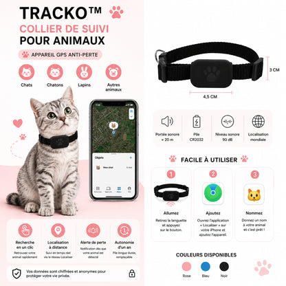 TRACKO™ — Collier suivi animaux facile à utiliser coloris disponibles