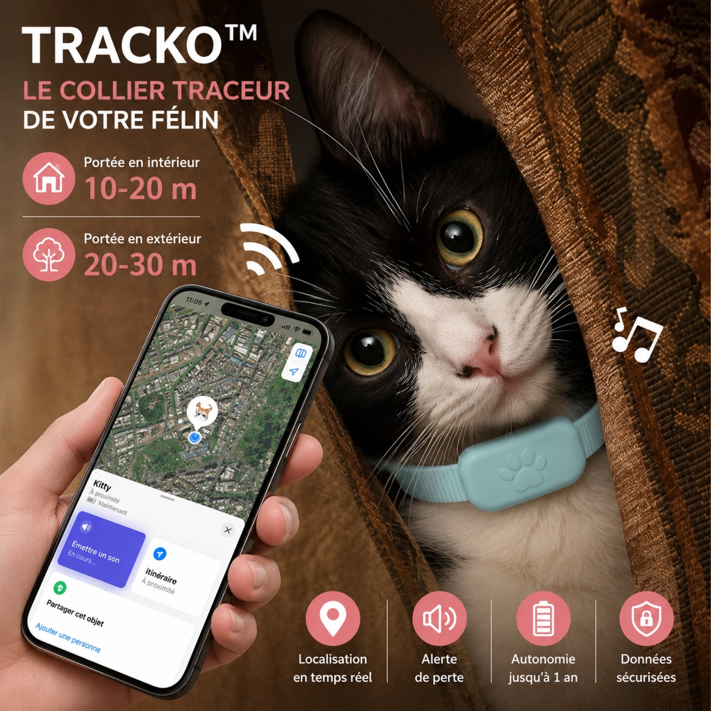 TRACKO™ — Portée collier traceur intérieur extérieur application