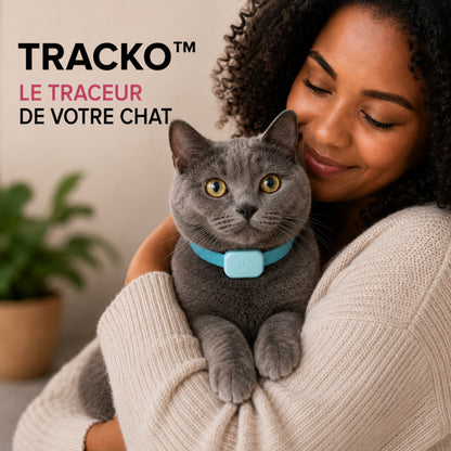 TRACKO™ — Femme avec chat gris portant collier traceur Bluetooth