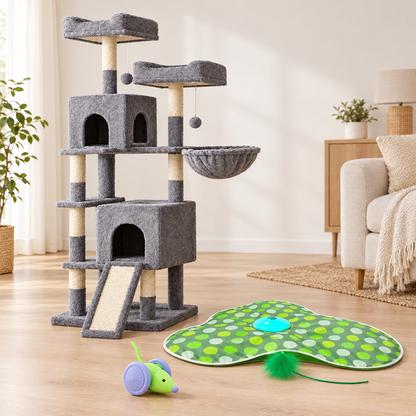 Trio arbre à chat ASCENDIA, tapis interactif CACHE-CAT et souris voiture MIMI-CAR