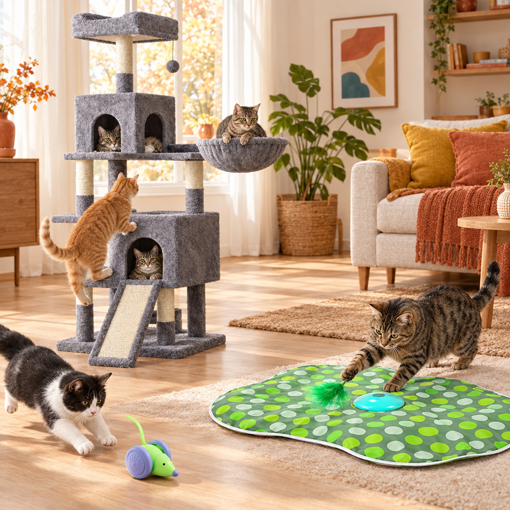 Trio ASCENDIA, CACHE-CAT et MIMI-CAR avec des chats en action dans un salon coloré