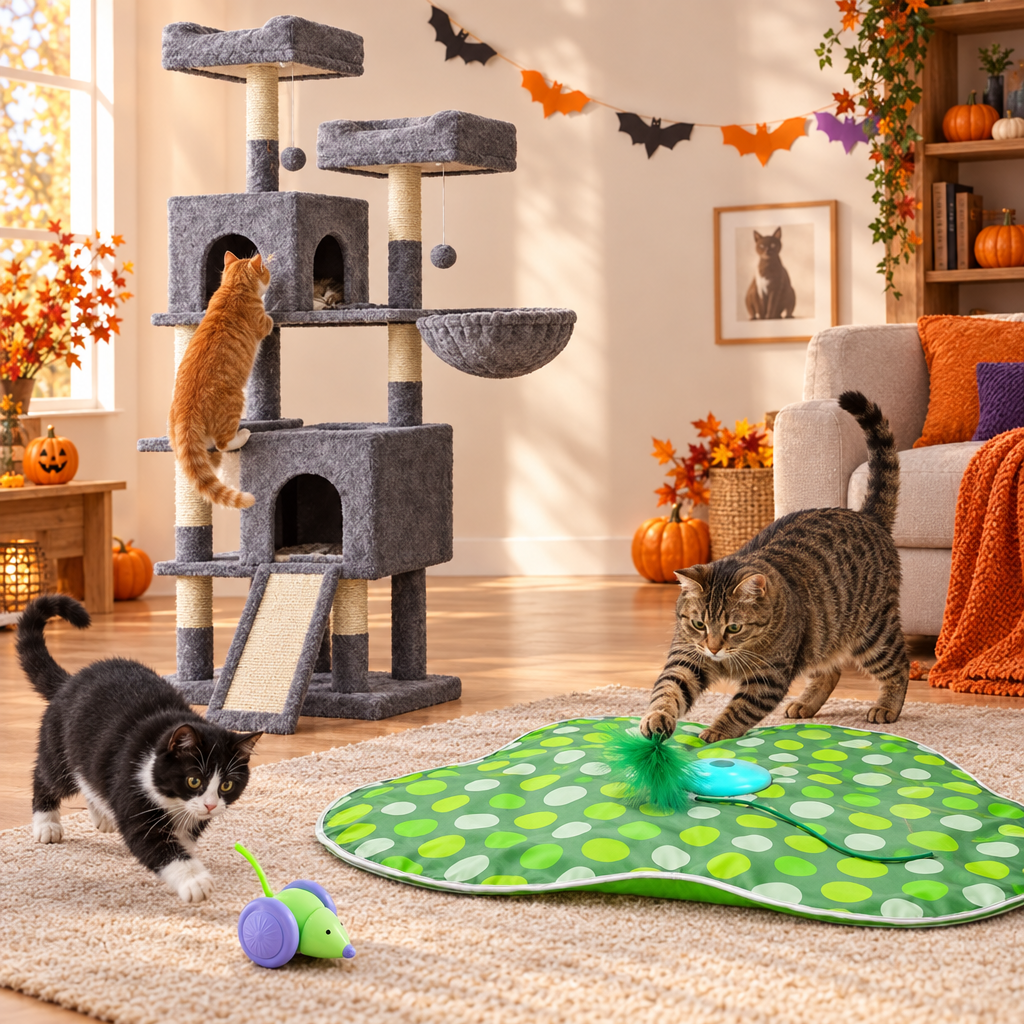 Trio ASCENDIA, CACHE-CAT et MIMI-CAR avec des chats en action dans une ambiance Halloween