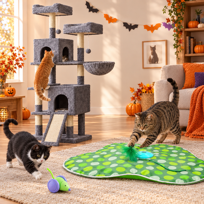 Trio ASCENDIA, CACHE-CAT et MIMI-CAR avec des chats en action dans une ambiance Halloween