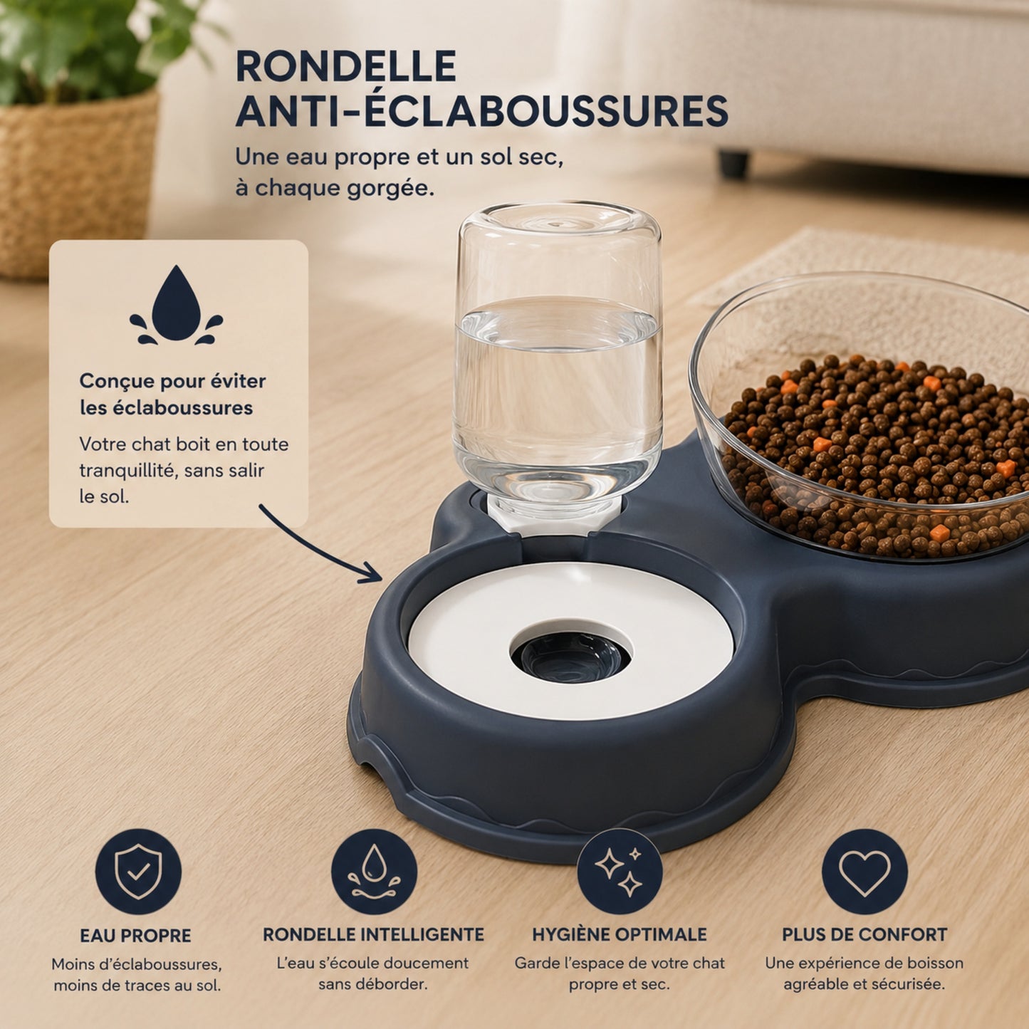 Détail de l'abreuvoir anti-éclaboussure du TRIO-BOWL™ pour chat