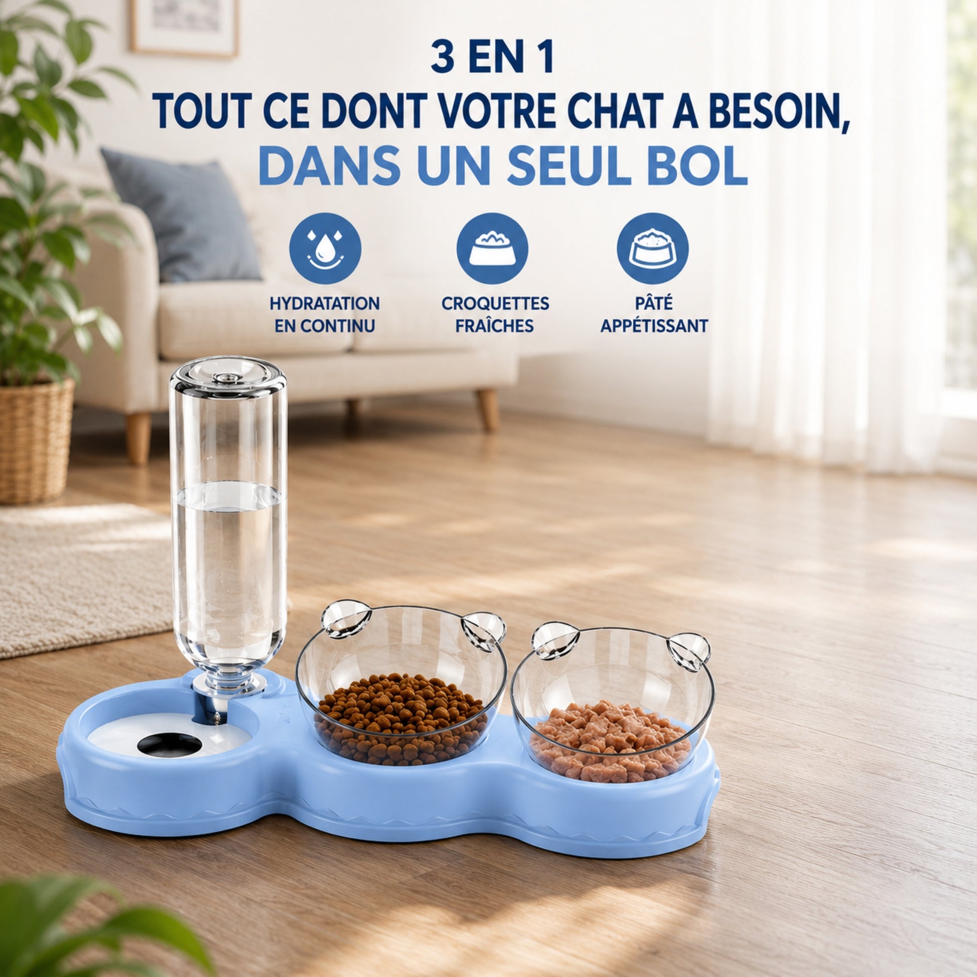 Caractéristiques du TRIO-BOWL™ 3 en 1 — abreuvoir, bols rotatifs, surélevé