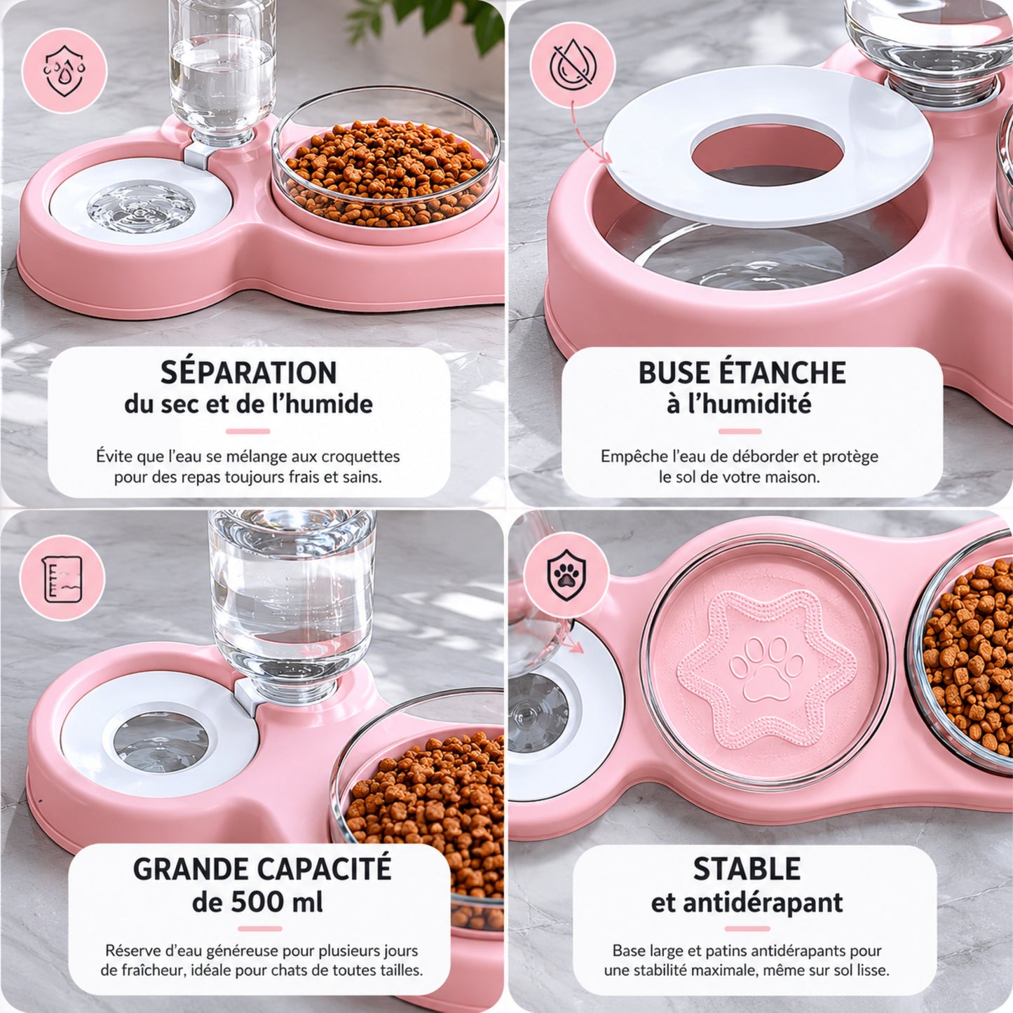 TRIO-BOWL™ en 3 coloris — rose, bleu et blanc, gamelle 3 en 1 pour chat