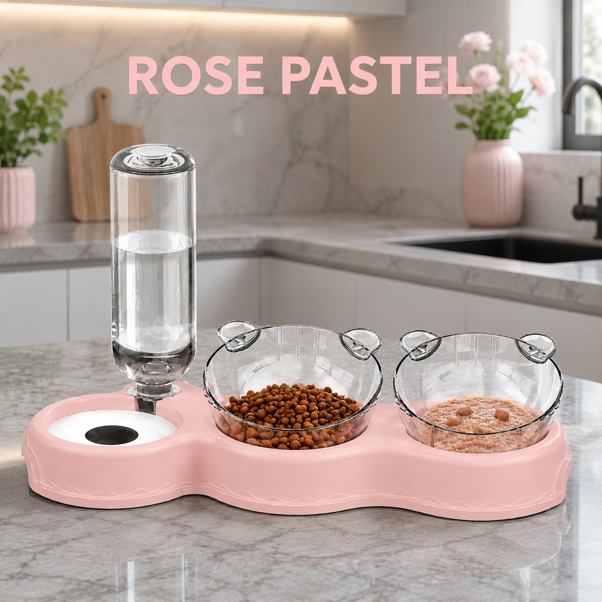 chatTRIO-BOWL™ Rose Pastel — gamelle 3 en 1 pour chat avec abreuvoir