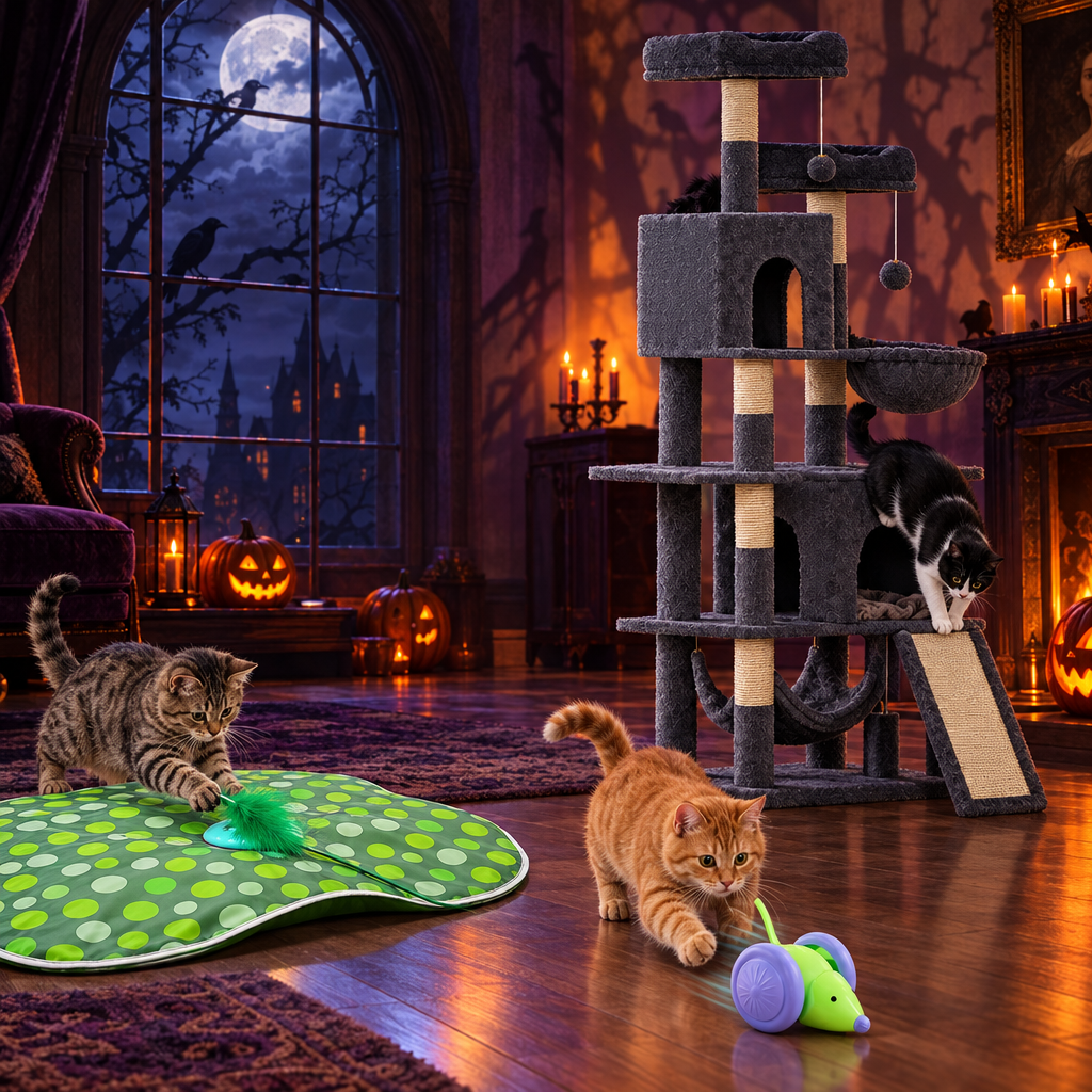 Trio Halloween dans un château à minuit avec arbre gris foncé et jouets verts