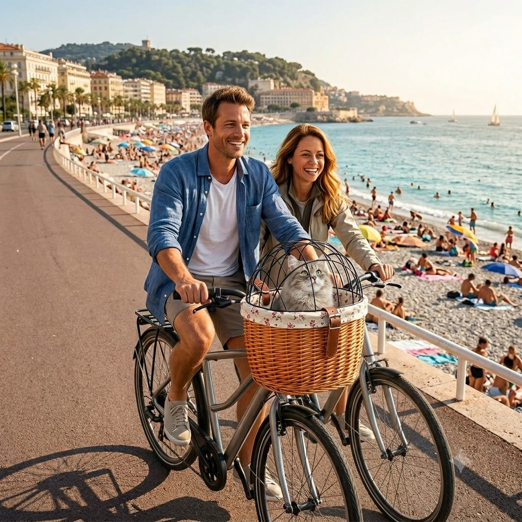 VELO-CAT™ — Couple à vélo au bord de la mer avec panier transport chat