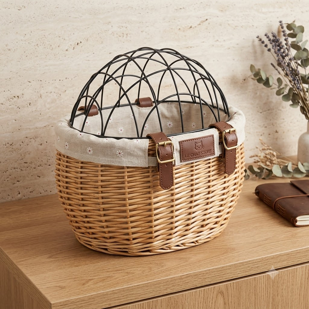 VELO-CAT™ — Vue de face du panier rotin avec grille de protection anti-évasion
