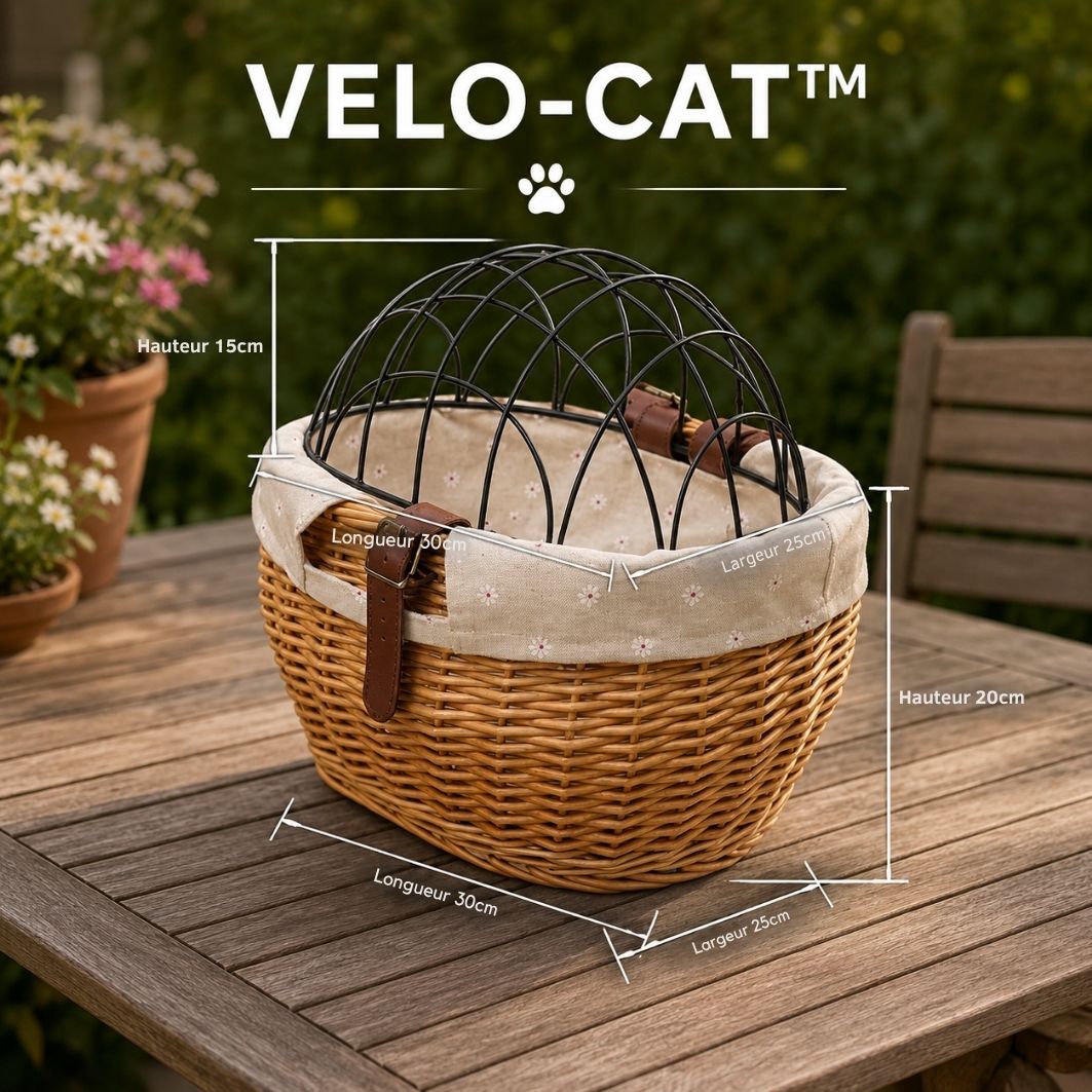 VELO-CAT™ — Vue de profil du panier rotin avec indication hauteur 15cm