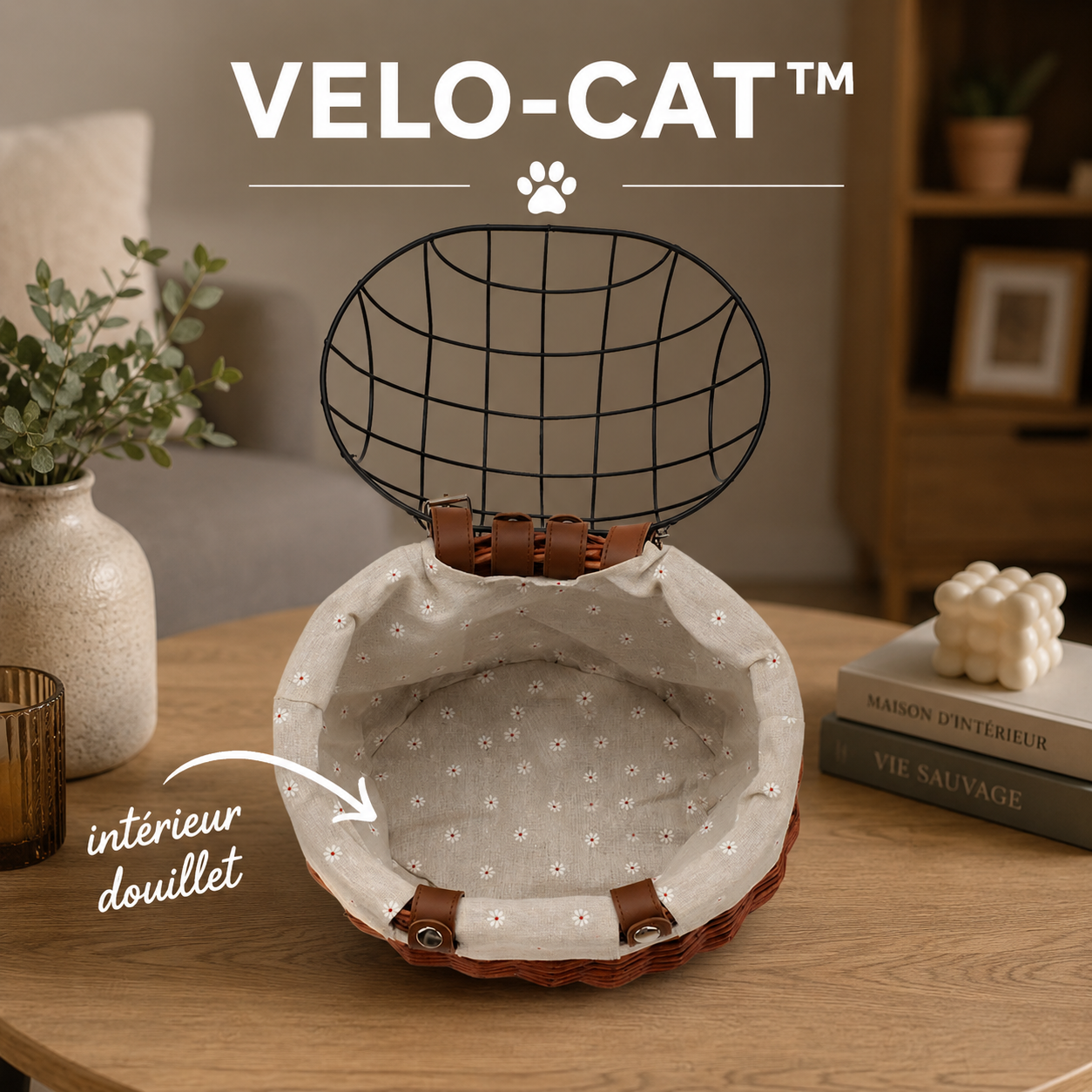 VELO-CAT™ — Intérieur douillet en lin fleuri du panier vélo en rotin pour chat