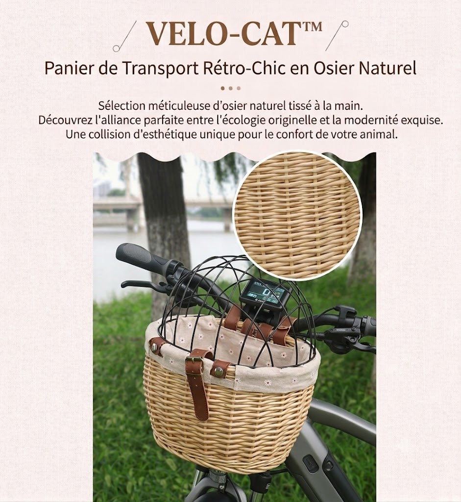 VELO-CAT™ — Panier de transport rétro-chic en osier naturel fixé sur guidon