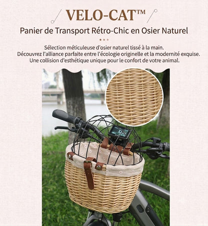 VELO-CAT™ — Panier de transport rétro-chic en osier naturel fixé sur guidon