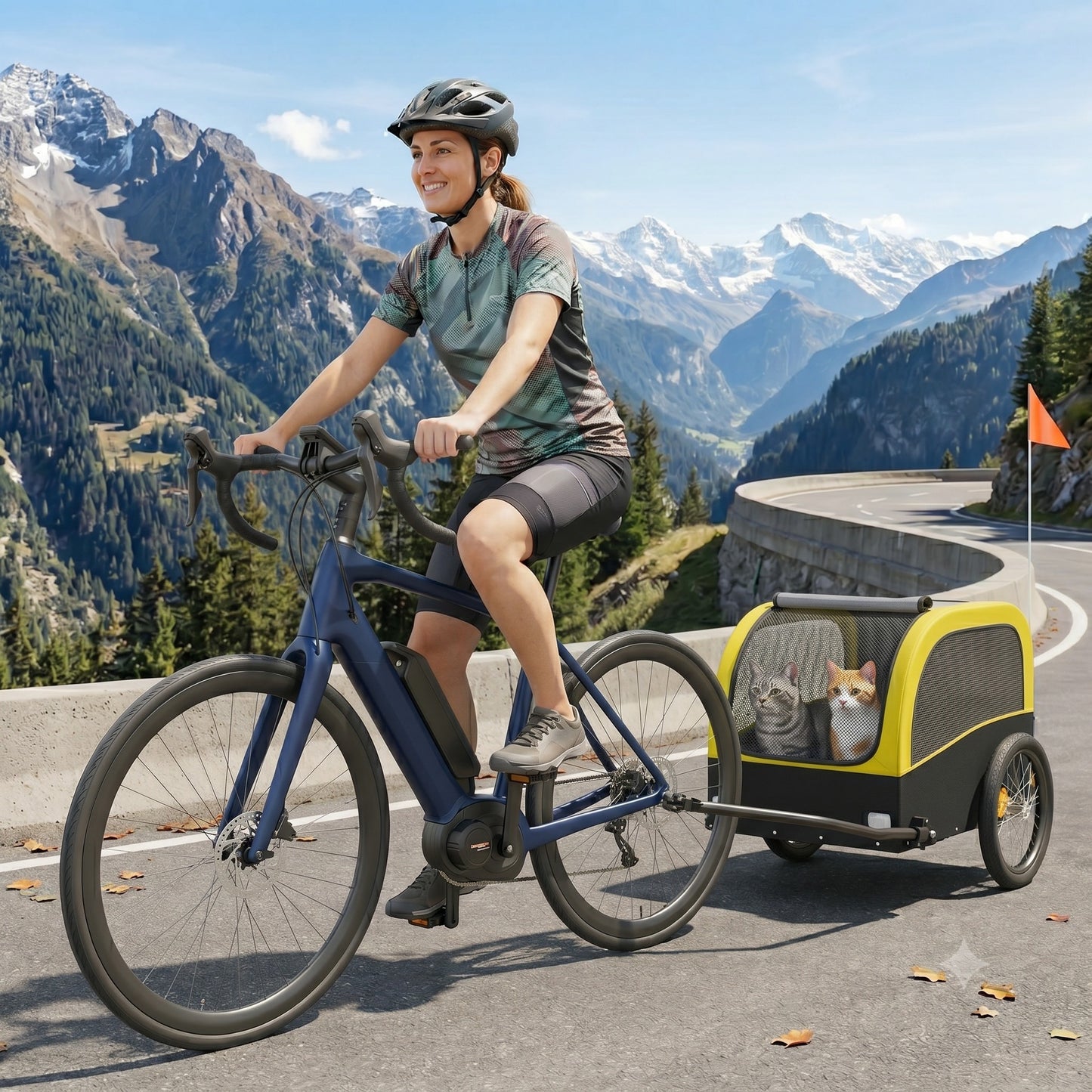 femme qui grimpe en montagne à vélo avec ses chats dans la remorque VELOFELIN™