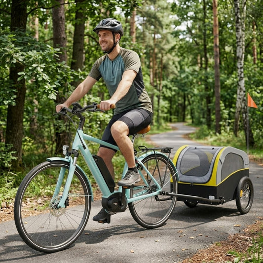 homme qui roule sur des sentiers boisés avec la remorque vélo VELOFELIN™