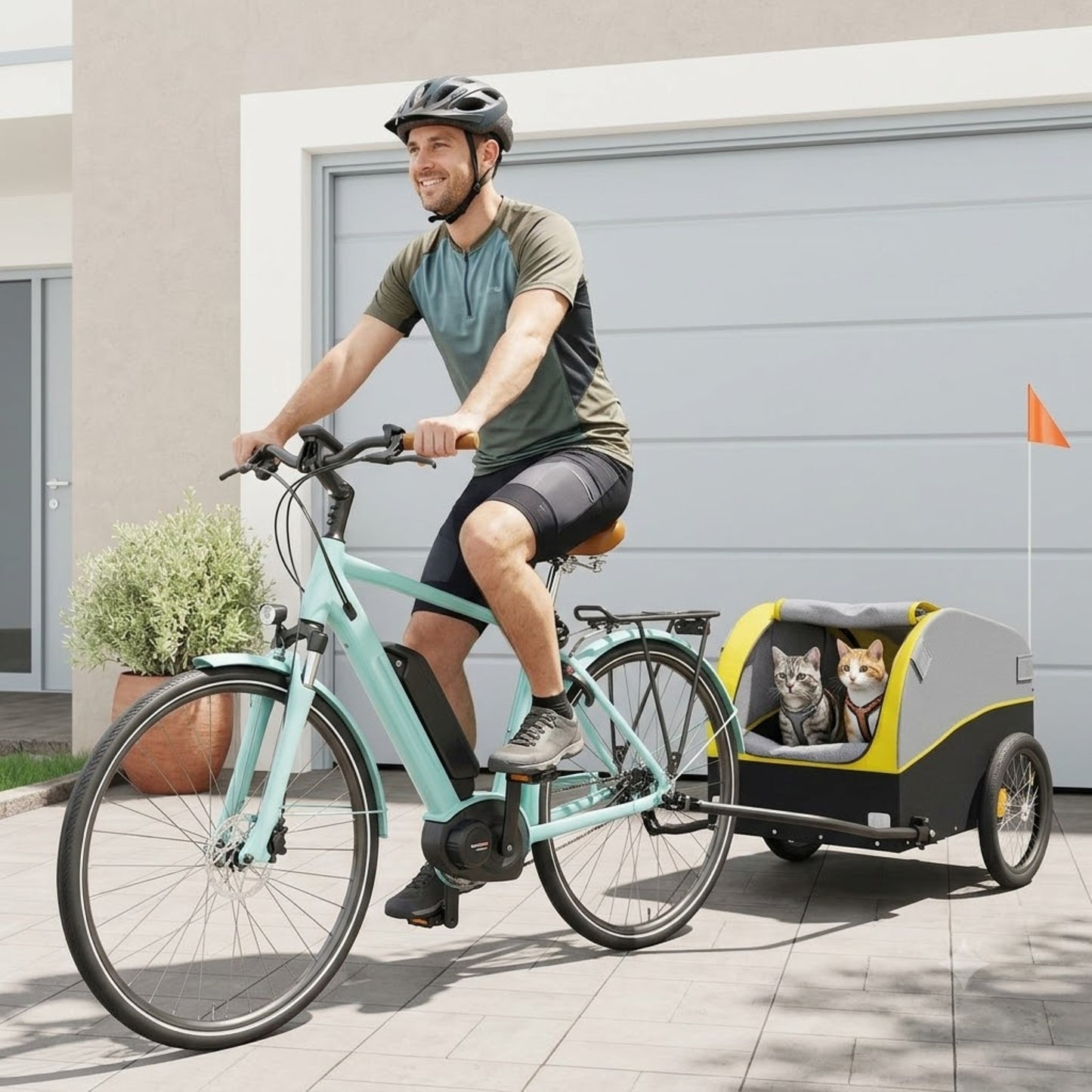  homme prêt à partir à vélo avec ses chats dans la remorque VELOFELIN™